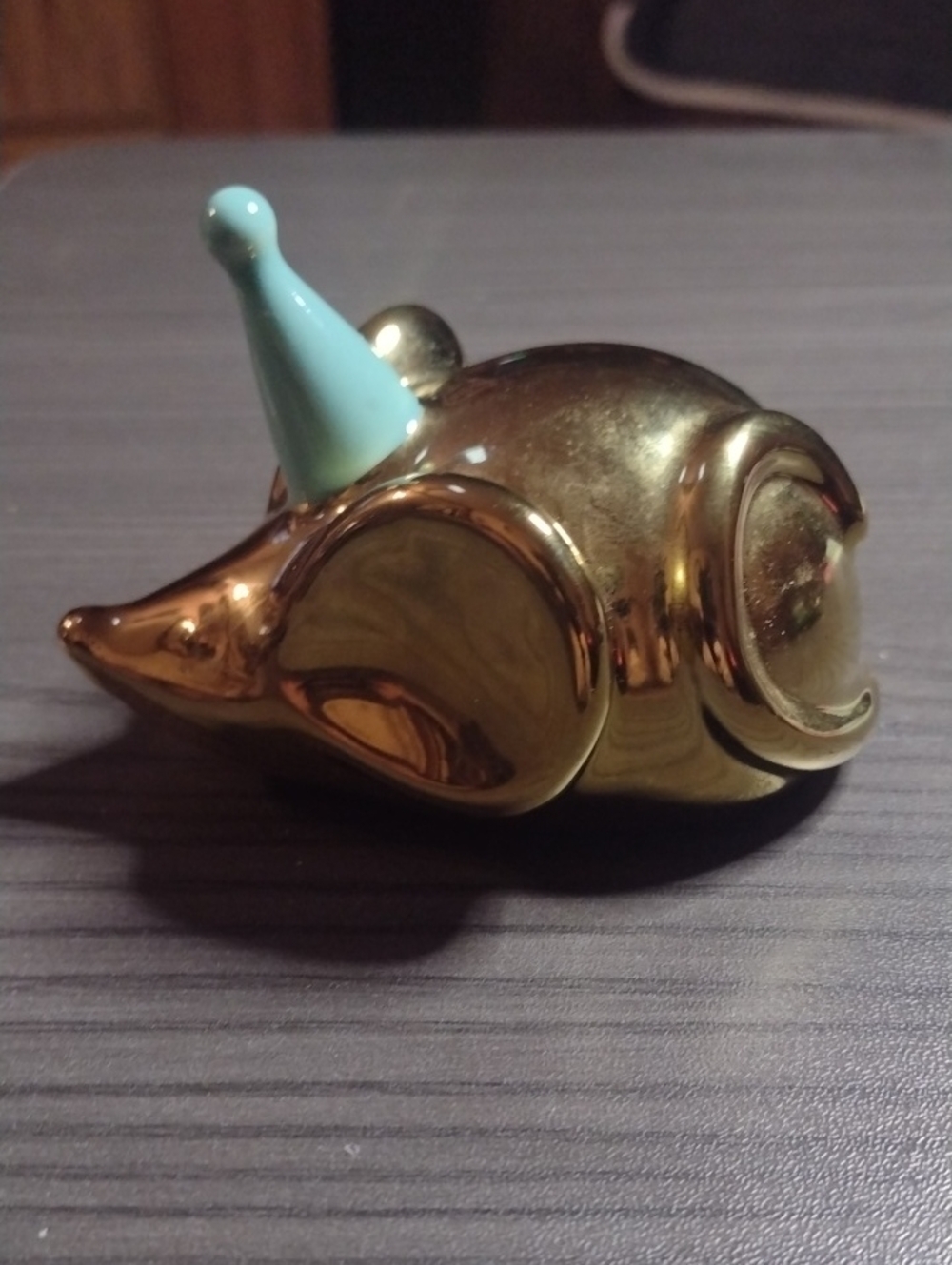 Gold Ceramic Mouse Figurine with Light Blue Hat